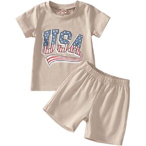 BOUTIKOME Toddler Baby 4th of July Outfit Boy Girl Oversized Romper USA Shirts Shorts Set American Flag Matching Clothes in Kuwait