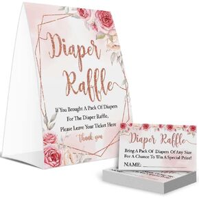 لافتة سحب للحفاضات الوردية الوردية، ديكورات حفلات استقبال المولود الجديد، تذكرة سحب، مجموعة بطاقات ألعاب استحمام الطفل بألوان مائية (علامة واحدة + 50 بطاقة تخمين) in Kuwait
