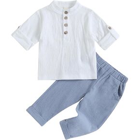 Toddler Baby Boy Cotton Linen Outfit Band Collar Button Down Long Sleeve Shirt Casual Pants Set Fall Winter Clothes in Saudi Arabia