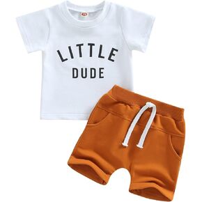 Toddler Baby Boy Summer Clothes Little Dude T-shirt Short Sleeve Tops Solid Color Short Set Infant 2Pcs Outfits in Kuwait