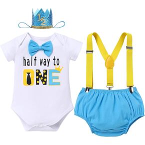 ODASDO Baby Boy Half/First Birthday Cake Smash Outfit Romper Suspenders Shorts Mini Crown Hat 4pcs Set in Saudi Arabia
