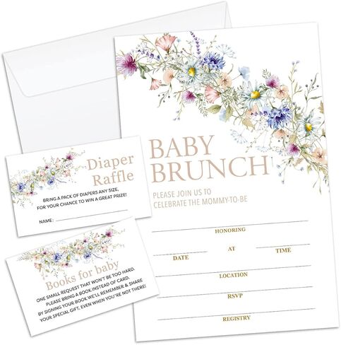 Apankiw Wildflower Baby Brunch Baby Shower Invitations with Envelopes and Diaper Sweepstakes and Baby Book Cards Pack of 25 Each, Gender Reveal Party Baby Shower Activities Supplies -TZC008 in Kuwait