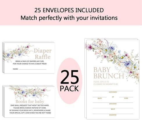 Apankiw Wildflower Baby Brunch Baby Shower Invitations with Envelopes and Diaper Sweepstakes and Baby Book Cards Pack of 25 Each, Gender Reveal Party Baby Shower Activities Supplies -TZC008 in Kuwait