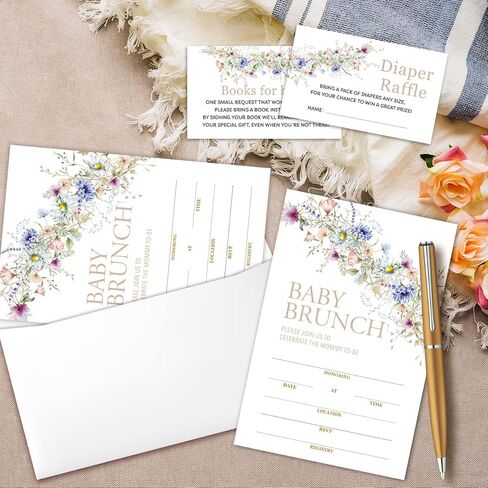 Apankiw Wildflower Baby Brunch Baby Shower Invitations with Envelopes and Diaper Sweepstakes and Baby Book Cards Pack of 25 Each, Gender Reveal Party Baby Shower Activities Supplies -TZC008 in Kuwait