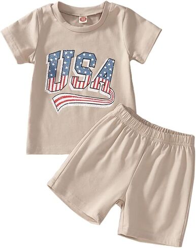 BOUTIKOME Toddler Baby 4th of July Outfit Boy Girl Oversized Romper USA Shirts Shorts Set American Flag Matching Clothes in Kuwait