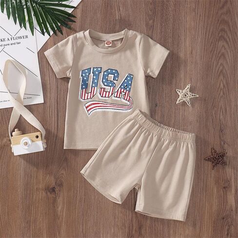BOUTIKOME Toddler Baby 4th of July Outfit Boy Girl Oversized Romper USA Shirts Shorts Set American Flag Matching Clothes in Kuwait