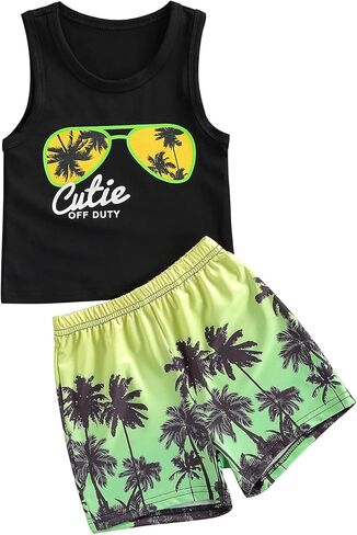 Rtnnsbbfcm Toddler Baby Boy Summer Clothes Sleeveless Letter Print Vest Top Palm Dinosaur Shorts 2Pcs Casual Outfit in Saudi Arabia