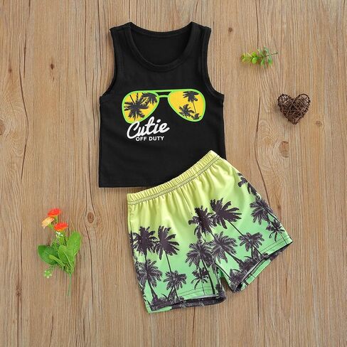 Rtnnsbbfcm Toddler Baby Boy Summer Clothes Sleeveless Letter Print Vest Top Palm Dinosaur Shorts 2Pcs Casual Outfit in Saudi Arabia