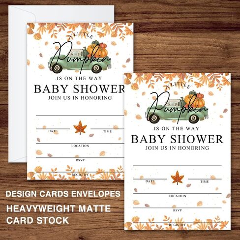 Fall Little Pumpkin Baby Shower Invitations Sweet Pumpkin is on the Way, Fall Leaves, Autumn Theme, Pack of 20 Fill-in Invitation Cards & 20 Envelopes, 4''X6'', Gender Reveal Neutral - JY019 in Kuwait