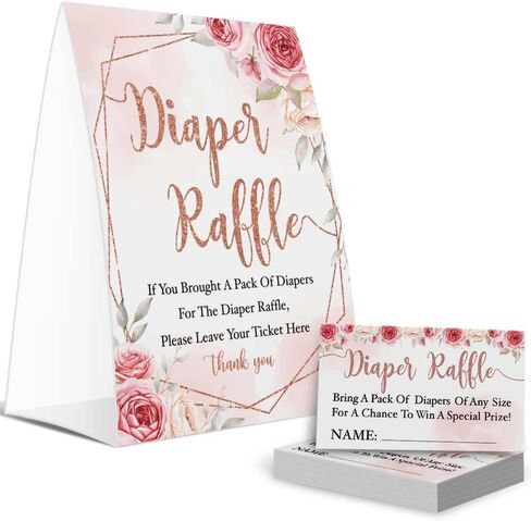 لافتة سحب للحفاضات الوردية الوردية، ديكورات حفلات استقبال المولود الجديد، تذكرة سحب، مجموعة بطاقات ألعاب استحمام الطفل بألوان مائية (علامة واحدة + 50 بطاقة تخمين) in Kuwait