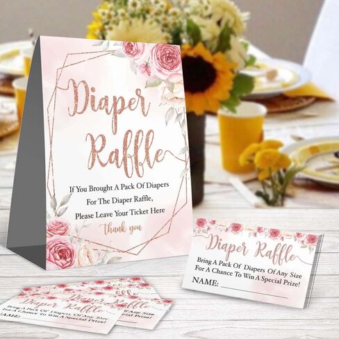 لافتة سحب للحفاضات الوردية الوردية، ديكورات حفلات استقبال المولود الجديد، تذكرة سحب، مجموعة بطاقات ألعاب استحمام الطفل بألوان مائية (علامة واحدة + 50 بطاقة تخمين) in Kuwait