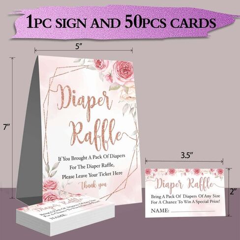 لافتة سحب للحفاضات الوردية الوردية، ديكورات حفلات استقبال المولود الجديد، تذكرة سحب، مجموعة بطاقات ألعاب استحمام الطفل بألوان مائية (علامة واحدة + 50 بطاقة تخمين) in Kuwait