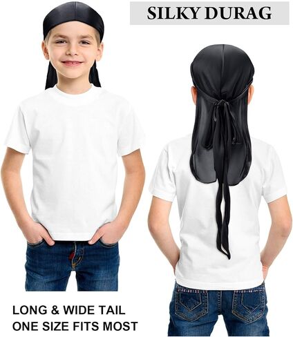 Kids Silky Durag with Wave Caps for Boys & Girls Age 3–12 | Soft Breathable, Adjustable Long Tail, Hair Wrap for Sleeping, Waves, Braids & Curly Hair, for Toddler,Silver, Black in Saudi Arabia