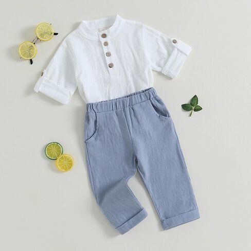 Toddler Baby Boy Cotton Linen Outfit Band Collar Button Down Long Sleeve Shirt Casual Pants Set Fall Winter Clothes in Kuwait