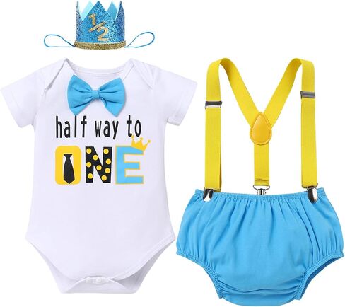 ODASDO Baby Boy Half/First Birthday Cake Smash Outfit Romper Suspenders Shorts Mini Crown Hat 4pcs Set in Kuwait