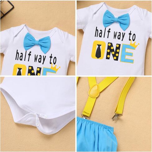 ODASDO Baby Boy Half/First Birthday Cake Smash Outfit Romper Suspenders Shorts Mini Crown Hat 4pcs Set in Kuwait