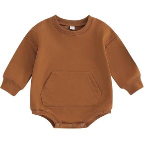 Infant Baby Boy Girl Sweatshirt Romper Solid Color Crewneck Sweater Onesie Oversized Long Sleeve Bodysuit with Pocket in Saudi Arabia
