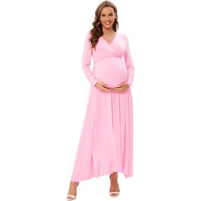 ZIUMUDY Maternity V Neck Wraped Maxi Dress Long Sleeve Maternity Gown for Wedding Photoshoot Baby Shower