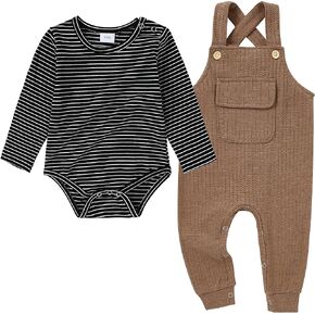 CARETOO Newborn Baby Boy Clothes Infant Boy Romper Fall Winter Outfits Bodysuit 2Pcs Striped Long Sleeve Top Overalls 0-18M in Saudi Arabia