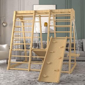 Indoor Jungle Gym, 66inch Toddler Climbing Toys Indoor, 8-in-1 Indoor Playground for Toddler 1-3 with Swing, Armband, Rock Climb Wall, Slide, Monkey Bar, Wood & Rope Ladder, Rope Wall Ladder in Saudi Arabia