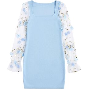 WDIRARA Girl's Sheer Mesh Flounce Long Sleeve Appliques Square Neck Dress