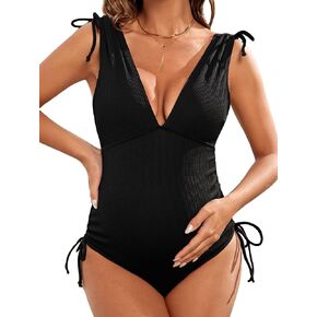 MakeMeChic Women's Maternity Bathing Suit Tie Shoulder Plunging V Neck One Piece Swimsuit in Saudi Arabia