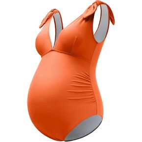 GINKANA Maternity Swimsuit One Piece with Tie Shoulder Pregnancy Swimwear V Neck Bathing Suit Monokini Swimwear