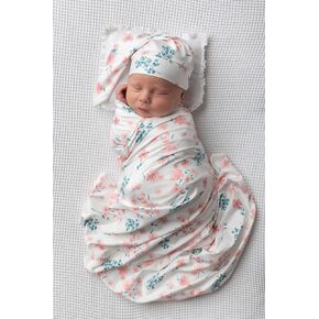 Newborn Receiving Blanket and Headband Set Flower Print Baby Swaddle Wrap Floral (Pink)