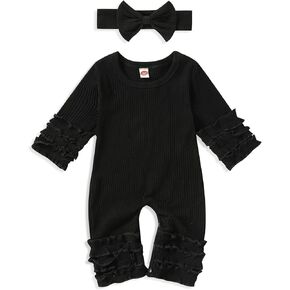 GRNSHTS Newborn Baby Girls Ruffle Romper Solid Long Sleeve Jumpsuit One-Piece Coming Home Clothes With Headband