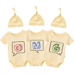 AOUYOA Baby Twins Bodysuits OMG Newborn Baby Outfits Boy Jumpsuits Girl Romper Infant Triplet Hat Set in Kuwait