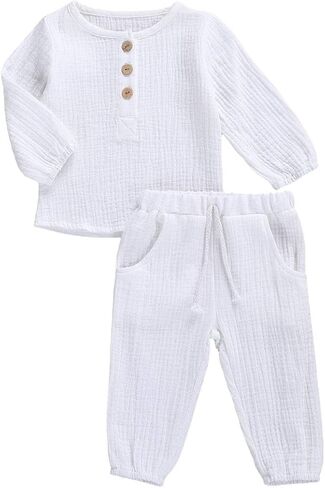 Hoanselay Baby Boy Cotton Linen Pants Set Solid Color Long Sleeve Button T-Shirt Tops and Pants Fall Winter Outfit Clothes in Saudi Arabia