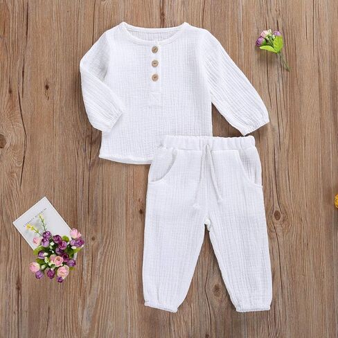Hoanselay Baby Boy Cotton Linen Pants Set Solid Color Long Sleeve Button T-Shirt Tops and Pants Fall Winter Outfit Clothes in Saudi Arabia