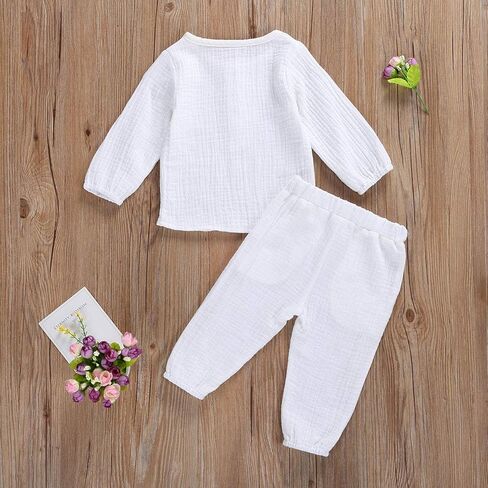 Hoanselay Baby Boy Cotton Linen Pants Set Solid Color Long Sleeve Button T-Shirt Tops and Pants Fall Winter Outfit Clothes in Saudi Arabia