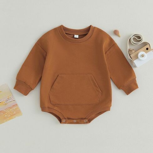 Infant Baby Boy Girl Sweatshirt Romper Solid Color Crewneck Sweater Onesie Oversized Long Sleeve Bodysuit with Pocket in Kuwait