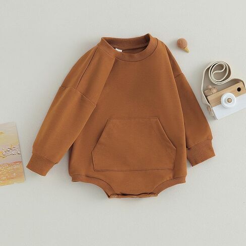 Infant Baby Boy Girl Sweatshirt Romper Solid Color Crewneck Sweater Onesie Oversized Long Sleeve Bodysuit with Pocket in Kuwait