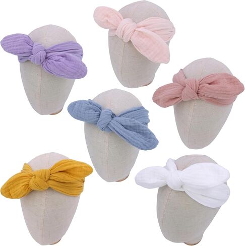 Sugarmelon Original Cotton Gauze Headband for Newborn Toddler Infant Baby Girl Kids Muslin Cotton Hair Bow Headbands Turban Elastic Hair Bands (6 pcs Knot Headband) in Saudi Arabia