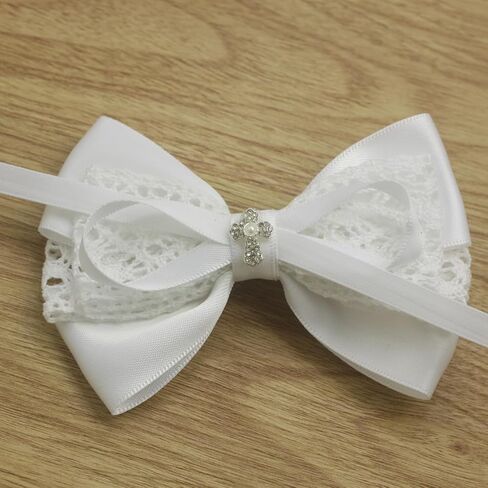 White 2.6 Inches Lace Bows Baptism Christening Bows | Small 1.4 Inches Alligator Clip in Saudi Arabia