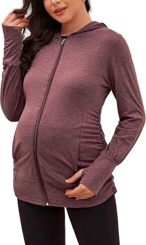 DEBELLY Maternity Sweatshirts Long Sleeve Full Zip Hoodie Casual Pregnancy Women Jacket Top with Pockets,Thumb Hole,Side Ruch in Saudi Arabia