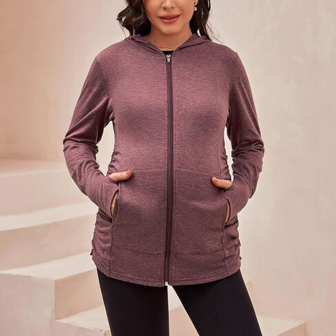 DEBELLY Maternity Sweatshirts Long Sleeve Full Zip Hoodie Casual Pregnancy Women Jacket Top with Pockets,Thumb Hole,Side Ruch in Saudi Arabia