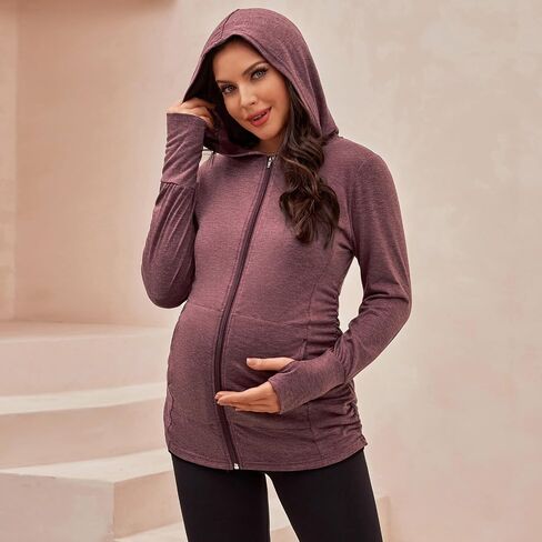 DEBELLY Maternity Sweatshirts Long Sleeve Full Zip Hoodie Casual Pregnancy Women Jacket Top with Pockets,Thumb Hole,Side Ruch in Saudi Arabia