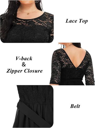 Pinup Fashion مقاس كبير فستان سهرة رسمي لحفلات الزفاف وضيف الزفاف | صدرية من الدانتيل، 3/4 كم، خصر إمبراطوري، تنورة من الشيفون، طول الأرض، سحاب خلفي، لأم العروس/العريس، وصيفة العروس in Kuwait