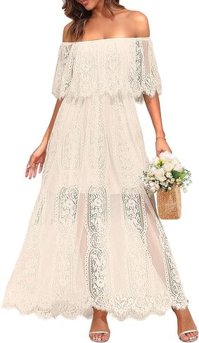 Holipick Women's Off Shoulder Lace Maxi Dress Boho Wedding Guest Bridesmaid Beach Formal Long Dress in Saudi Arabia