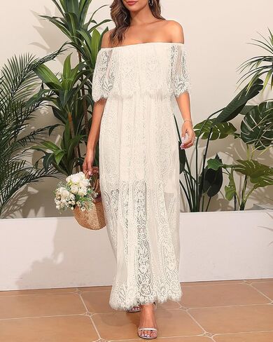 Holipick Women's Off Shoulder Lace Maxi Dress Boho Wedding Guest Bridesmaid Beach Formal Long Dress in Saudi Arabia
