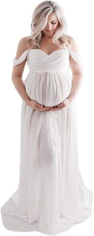 Maternity Off Shoulder Chiffon Gown for Photography Split Front Maxi Pregnancy Dress for Photoshoot in Saudi Arabia