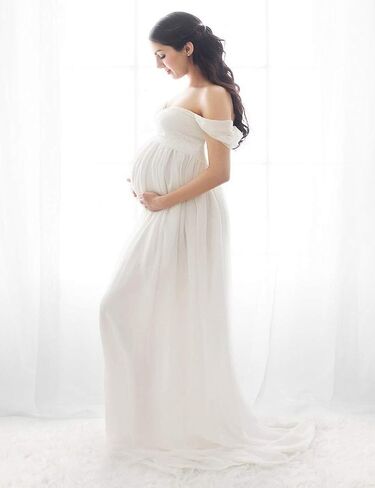 Maternity Off Shoulder Chiffon Gown for Photography Split Front Maxi Pregnancy Dress for Photoshoot in Saudi Arabia