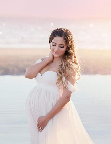 Maternity Off Shoulder Chiffon Gown for Photography Split Front Maxi Pregnancy Dress for Photoshoot in Saudi Arabia