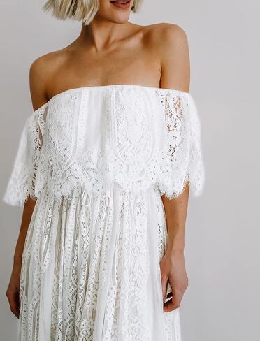 HOYISHION Women's Off The Shoulder Floral Lace Maxi Dress White Bridesmaid Wedding Party Maternity Photoshoot Long Dresses in Saudi Arabia