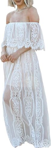HOYISHION Women's Off The Shoulder Floral Lace Maxi Dress White Bridesmaid Wedding Party Maternity Photoshoot Long Dresses in Saudi Arabia