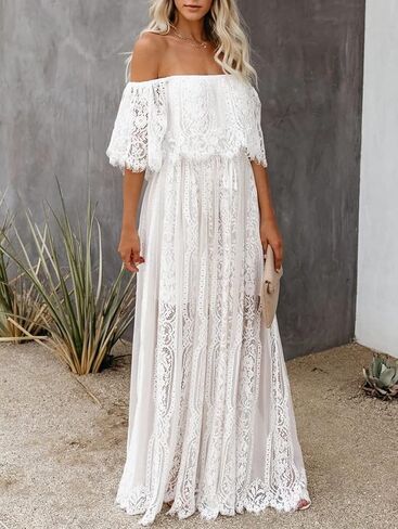 HOYISHION Women's Off The Shoulder Floral Lace Maxi Dress White Bridesmaid Wedding Party Maternity Photoshoot Long Dresses in Saudi Arabia