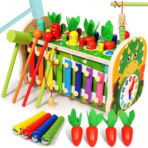 ألعاب مونتيسوري الخشبية للأطفال بعمر 3 سنوات: لعبة قصف الطفل 7 في 1 مع لعبة إكسيليفون لحصاد الجزر وصيد الأسماك، هدية نشاط التطوير التعليمي لعمر 1 2 3 4 سنوات للرضع صبي فتاة أطفال in Kuwait